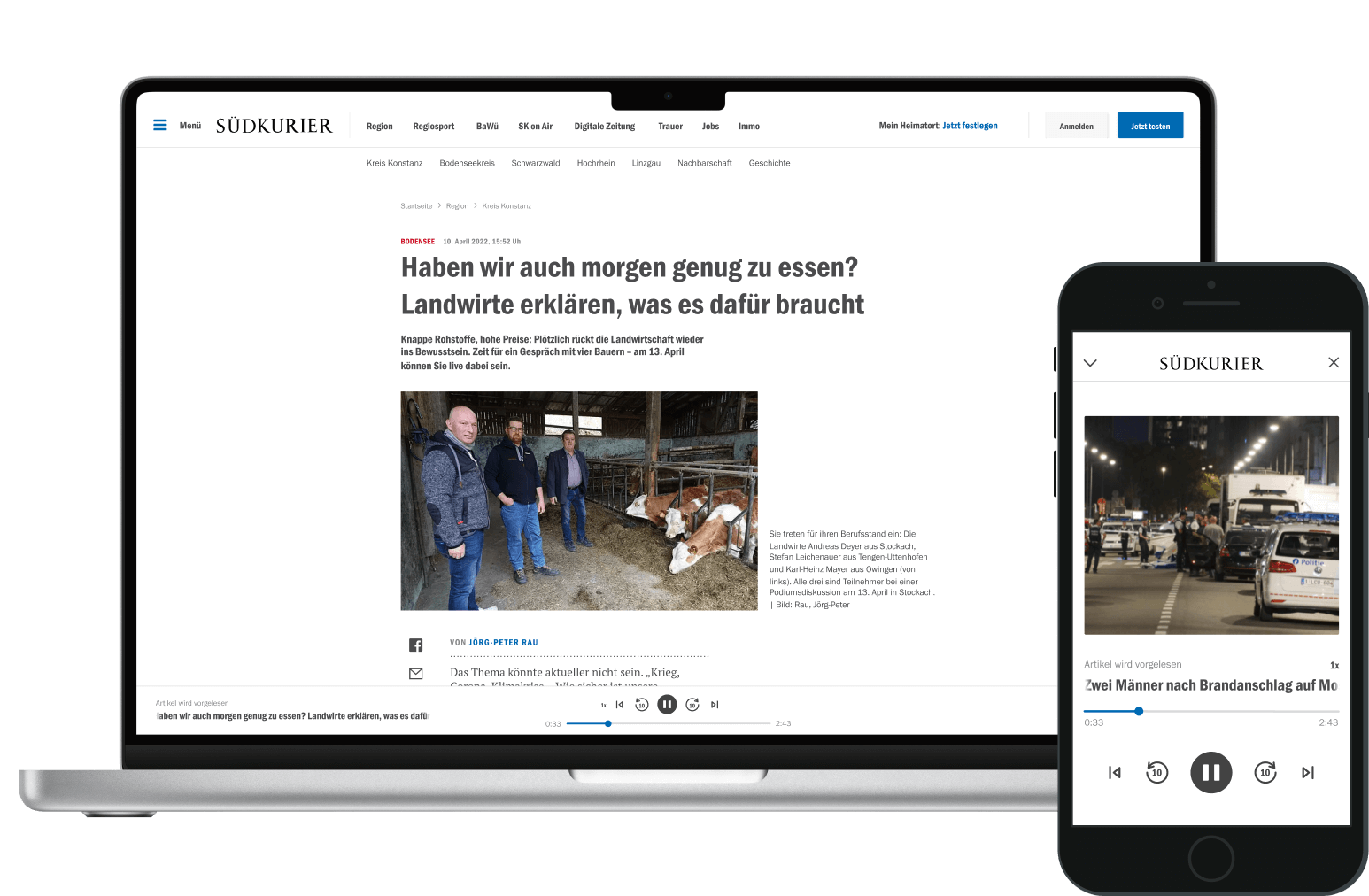 Mockup of the text-to-speech feature UX design for SÜDKURIER by Ramona Lehmann, showcasing desktop and mobile views with intuitive controls and modern UI elements.